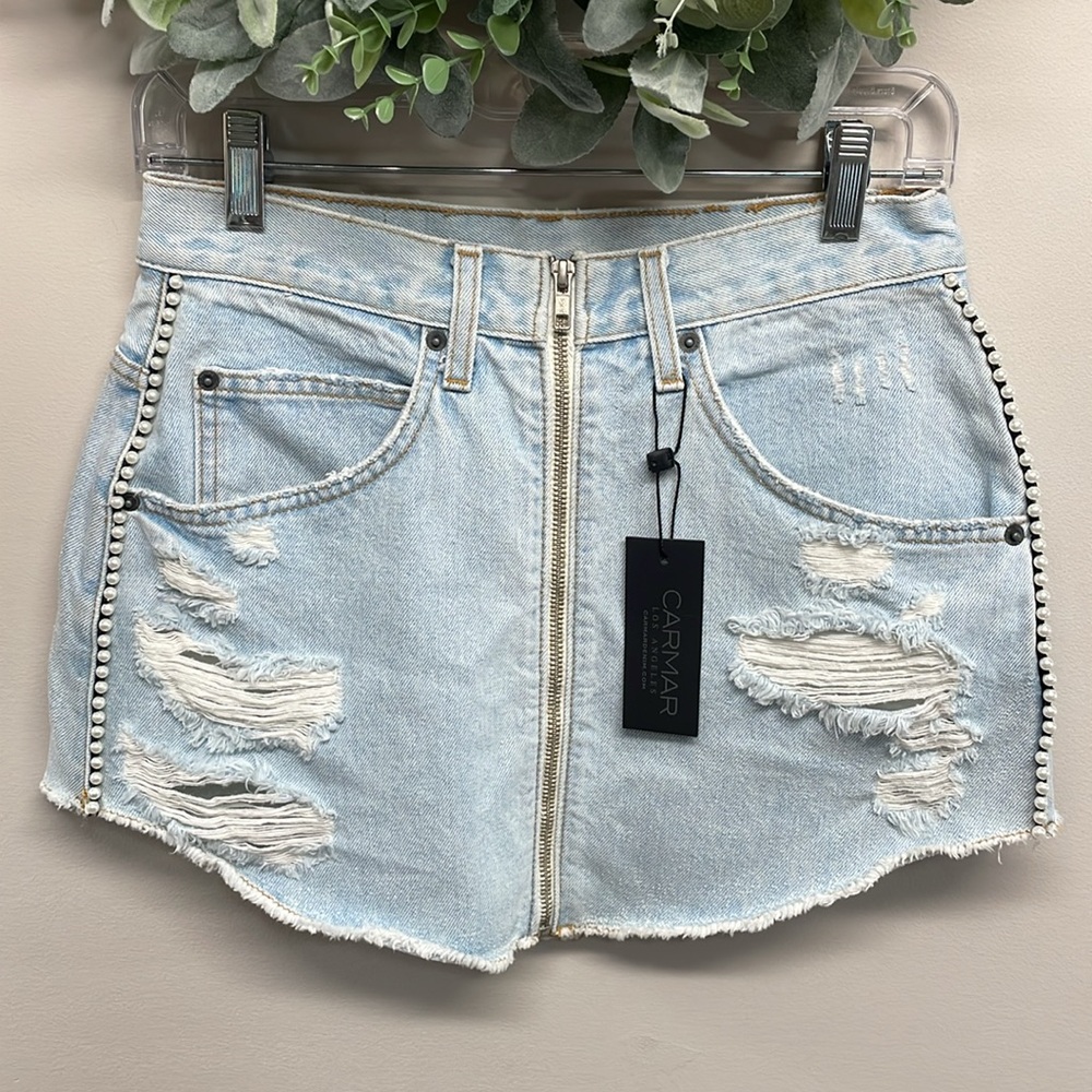 Nwt Carmar Beatrice Pearl Side Trim Zip Front Distressed Denim Jean Skirt 28